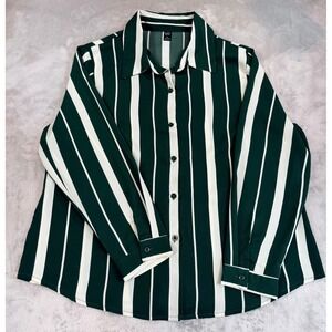 Emery Rose Womens Button Up Shirt Green White Striped Long Sleeve 1XL